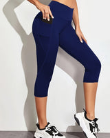 Capri-Leggings Damen mit Hohem Bund und Seitentasche in Dunkelblau