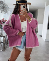 Lockere Damen-Strickjacke mit kontrastierenden Rippenbündchen und langen Ärmeln – Selmara in Rosa