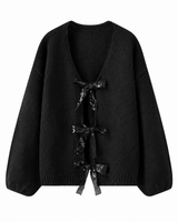 Damen-Strickjacke mit glitzernden Schleifen und V-Ausschnitt – Coronas in Schwarz