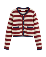 Damen-Strickjacke mit Streifen, Metallknöpfen und kontrastfarbenen Paspeln – Pastinne in Rot