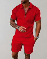 Caspian | Herren Texturiert Polo Shorts Set in Rot