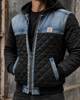 Gesteppte Herrenjacke mit Kapuze und Denim-Einsätzen – Lex in Schwarz/Blau