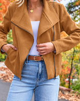 Damen-Bikerjacke in Wildlederoptik mit diagonalem Reißverschluss – Noémie in Kaffee