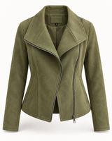 Damen-Bikerjacke in Wildlederoptik mit diagonalem Reißverschluss – Noémie in Grün