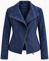 Damen-Bikerjacke in Wildlederoptik mit diagonalem Reißverschluss – Noémie in Marineblau
