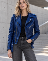 Damen-Bikerjacke in Lederoptik mit verstellbarem Gürtel – Faustine in Blau