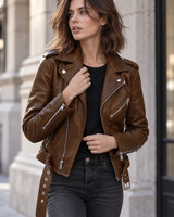 Damen-Bikerjacke in Lederoptik mit verstellbarem Gürtel – Faustine in Kaffee