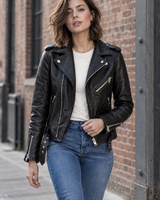 Damen-Bikerjacke in Lederoptik mit verstellbarem Gürtel – Faustine in Schwarz