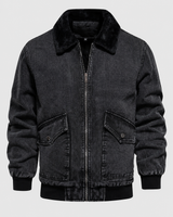 Bomberjacke aus Jeansstoff mit Lammfellfutter und Reißverschluss – Tobias in Schwarz