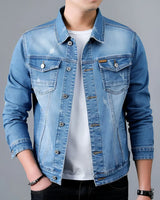 Herren-Jeansjacke im Washed-Look mit Pattentaschen – Armand in Blau