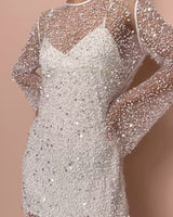 Stéphanie | Perlen See-through Mesh Zweiteiliges Set Sling Kleid in Weiss