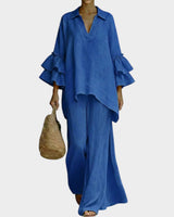 Catrin - Set aus Tunika mit Rüschenärmeln und Hose in Blau