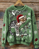 Elisabetta – Plüschpullover Mit Fauler Katze in Grün