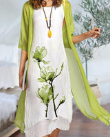 Daisy | Blumenmuster Transparent Cardigan Zweiteiliges Set in Grün