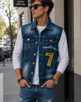Herren-Jeansweste mit Stickerei im Washed-Look – Leander in Blau
