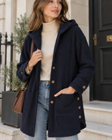 Lange Cordjacke für Damen mit Kapuze und Knopfleiste – Coralie in Marineblau