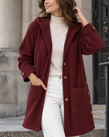 Lange Cordjacke für Damen mit Kapuze und Knopfleiste – Coralie in Braun