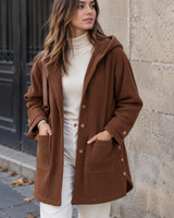 Lange Cordjacke für Damen mit Kapuze und Knopfleiste – Coralie in Kaffee
