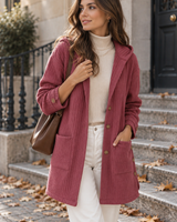 Lange Cordjacke für Damen mit Kapuze und Knopfleiste – Coralie in Rosa