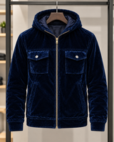 Herrenjacke aus Samt mit Kapuze und Reißverschluss – Loïc in Marineblau