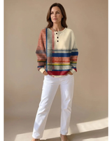 Clea | Damen Waffel Pullover mit Colorblock Muster und Knöpfen in Mehrfarbig