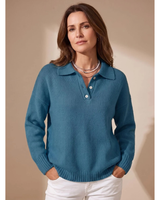 Constantin | Damen Pullover mit Kragen und Knöpfen Langarm in Pfauenblau