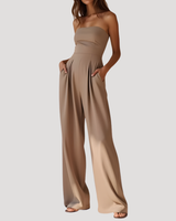Cordelia | Damen Trägerloser Wide Leg Jumpsuit in Beige