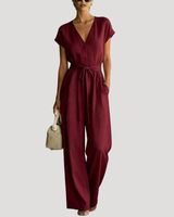 Cordova | Damen V-Ausschnitt Wide Leg Jumpsuit in Burgunder
