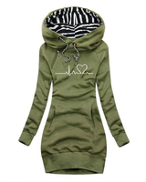 Cordula | Damen Hoodie Kleid mit Kapuze und Herz Print in Grün