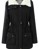Roswitha | Damen Winterjacke im Parka Stil mit Kapuze, Futter und Kordelzug in Schwarz