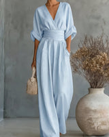 Xylora - Hochwertiger weitbeiniger Jumpsuit mit V-Ausschnitt in Himmelblau