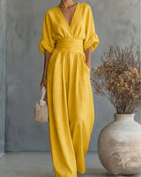 Xylora - Hochwertiger weitbeiniger Jumpsuit mit V-Ausschnitt in Gelb