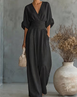 Xylora - Hochwertiger weitbeiniger Jumpsuit mit V-Ausschnitt in Schwarz