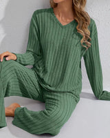 Damen Ripp Lounge Set mit langen Ärmeln in Grün