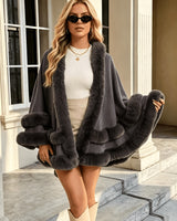 Toriann - Winter Strick Jacke Mit Kapuze Pelzfutter Und Offener Vorderseite in Grau