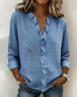 Brinae - Bluse mit weicher Haptik und langen Rüschenbesätzen am V-Ausschnitt in Blau