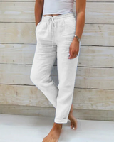 Leinenhose mit elastischem Bund und Kordelzug für Damen - Helga in Weiß