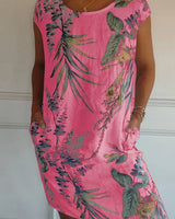 Damen Baumwolle Leinen Bedrucktes Sommerkleid mit Taschen in Rosa