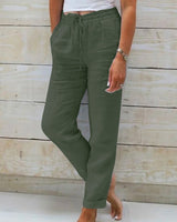 Leinenhose mit elastischem Bund und Kordelzug für Damen - Helga in Militärgrün