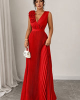 Katharina | Damen Abendkleid ärmellos plissiert A-Linie Blumenapplikation in Rot