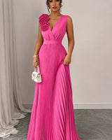 Katharina | Damen Abendkleid ärmellos plissiert A-Linie Blumenapplikation in Rosenrot