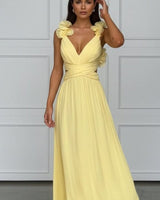 Katharina | Damen Abendkleid ärmellos plissiert A-Linie Blumenapplikation in Knallgelb