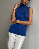 Damen ärmelloser Pullover mit Stehkragen und geradem Saum in Blau