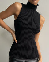Damen ärmelloser Pullover mit Stehkragen und geradem Saum in Schwarz