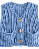 Damen Ärmellose Strickjacken mit V Ausschnitt und Knopfleiste in Blau