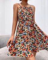 Damen Ärmelloses Blumenkleid mit Spaghettiträgern und gerafftem Dekolleté in Orange mit Blumenmuster