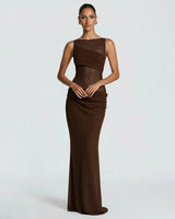Damen Ärmelloses Maxi-Kleid mit Bootsausschnitt und transparentem Mesh-Einsatz mit drapiertem Hüftbereich in Braun