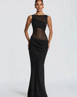 Damen Ärmelloses Maxi-Kleid mit Bootsausschnitt und transparentem Mesh-Einsatz mit drapiertem Hüftbereich in Schwarz