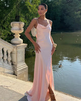 Damen Ärmelloses Maxi-Kleid mit Cowl-Ausschnitt und Spaghettiträgern mit Seitenschlitz in Rosa
