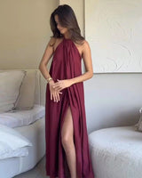 Damen Ärmelloses Maxi-Kleid mit Halter-Ausschnitt und Raffung mit offener Vorderseite in Burgunderrot